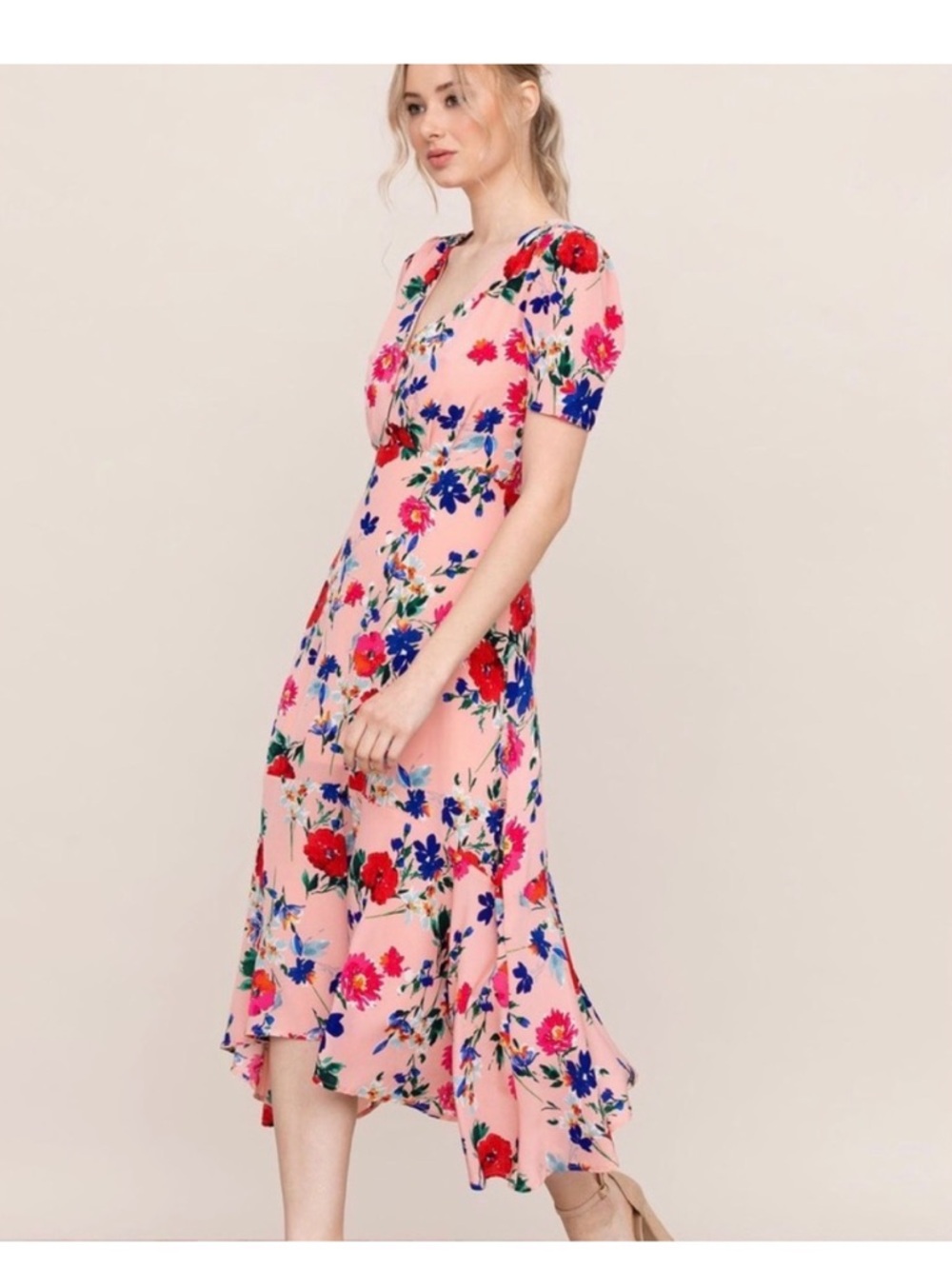 Pink Floral Midi Dress with V-Neck